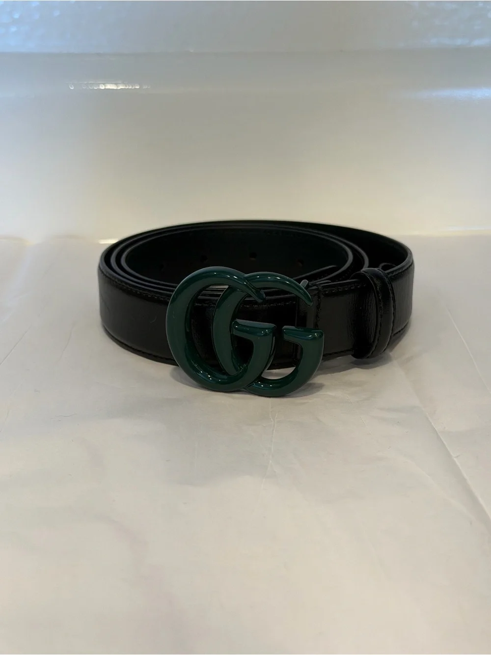 Gucci Black Leather Belt with Dark Green Double G Buckle